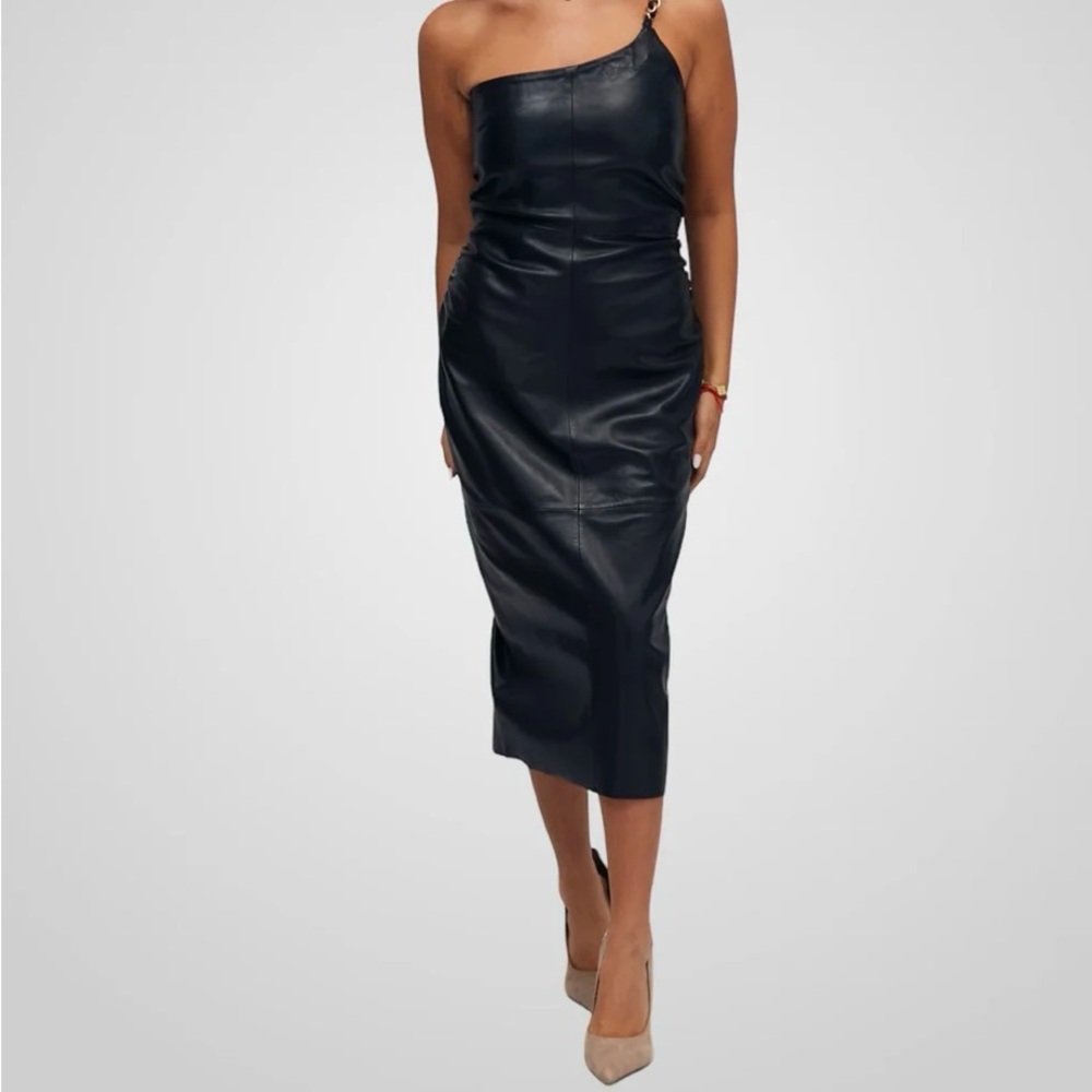 BOD AND CHRISTENSEN MELISSA BLK Lamb Leather One Shoulder Evening Dress  Small